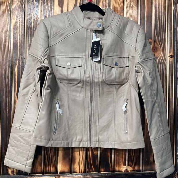Guess Jackets & Blazers - NEW GUESS Women's Faux Leather Moto Jacket In Beige Sz L